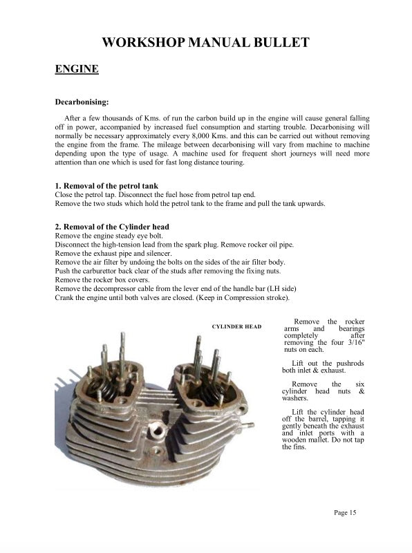 Workshop manual page with text and an image of a motorcycle engine.