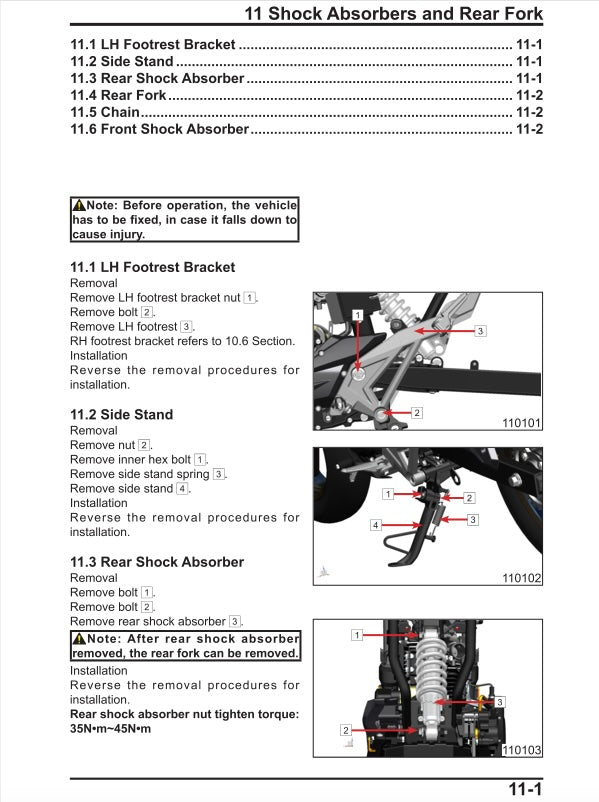 Technical manual page on shock absorbers and rear fork with text and diagrams.