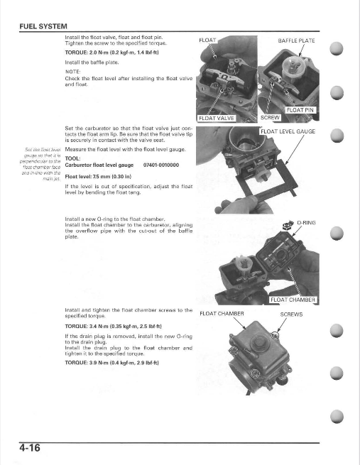A page from an automotive service manual titled 'FUEL SYSTEM' showing labeled diagrams and photos of float-related components, including a float valve, float level gauge, scavenge plate, and float chamber, with torque specifications and assembly instructions.