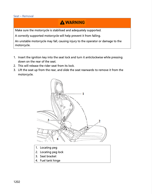 A page from an instruction manual showing how to remove a motorcycle seat, with a warning box, numbered steps, and a line drawing of the seat with labeled parts.