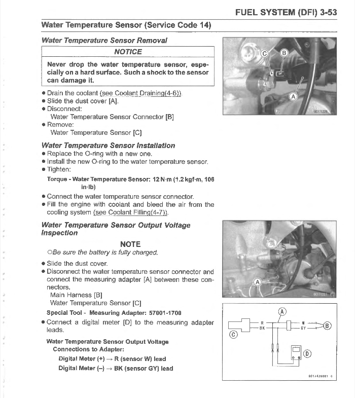 A technical service manual page for a water temperature sensor in a fuel system, showing removal and installation steps with connector diagrams and reference text.