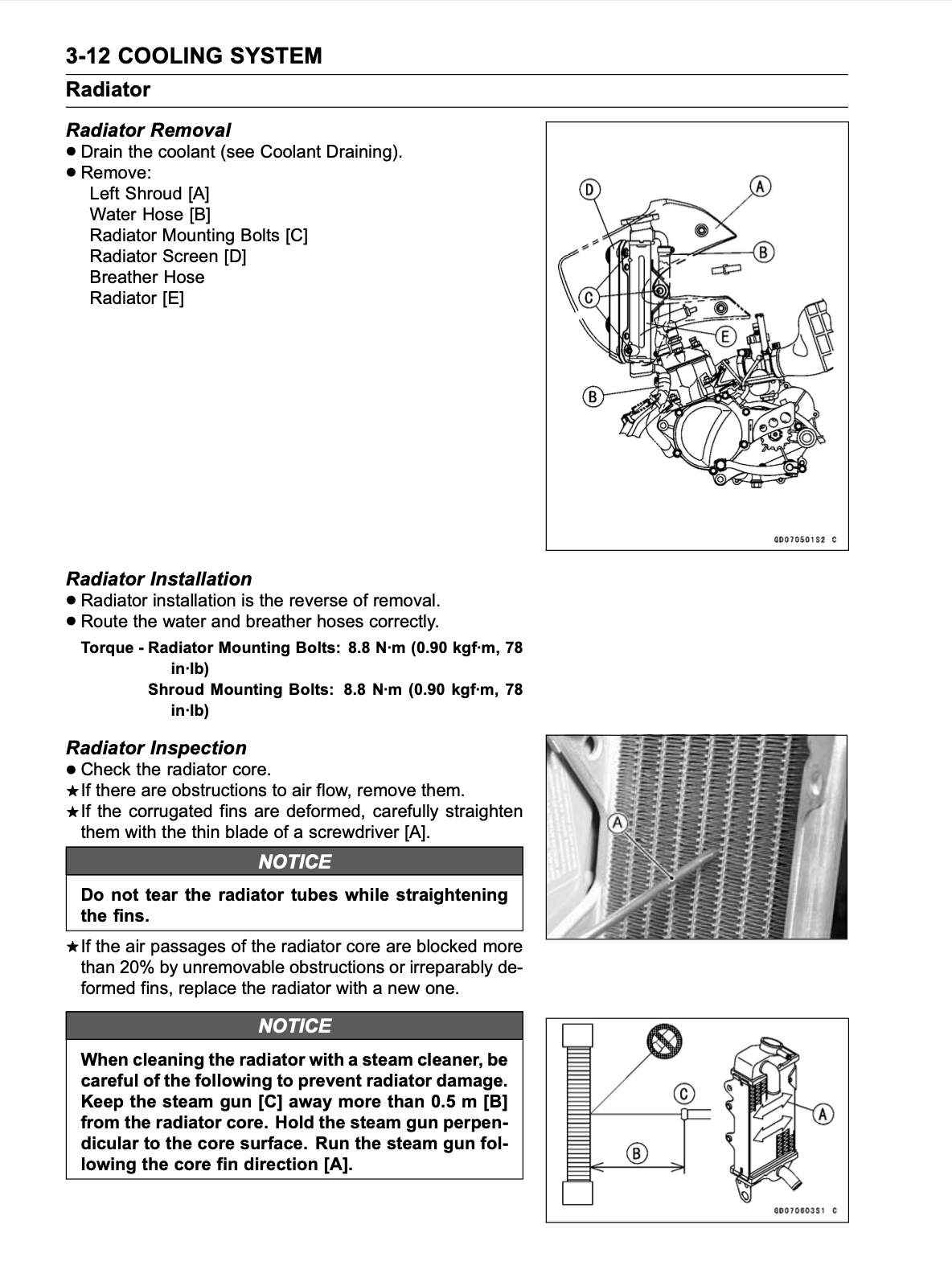 Technical service manual page for a 3-12 cooling system radiator, showing labeled diagrams of radiator removal, installation, and inspection with numbered callouts and notes.
