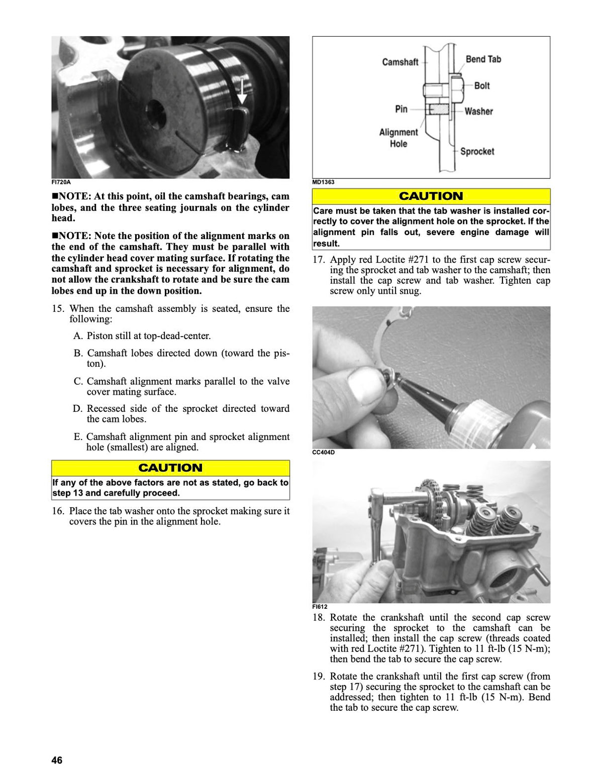 A technical instruction sheet with text and small diagrams showing how to install and secure a camshaft and sprocket on a motorcycle crankshaft. The page includes cautions, numbered steps, and labeled parts on a white background.
