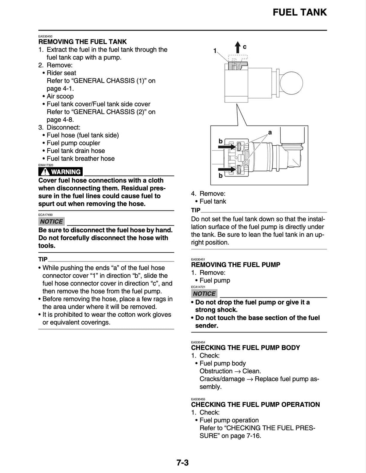 A black-and-white printed manual page with text instructions and a line drawing showing how to remove the fuel tank and fuel pump from a vehicle.