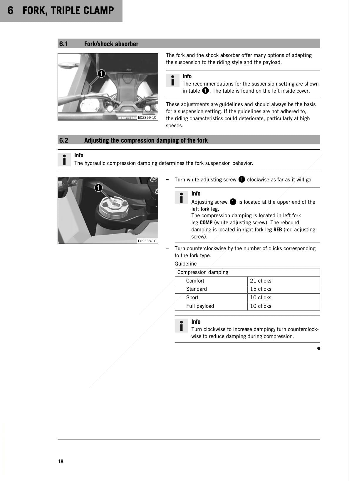 KTM 1290 Super Adventure R service manual page 18 with fork and shock absorber suspension adjustment, compression damping click settings for comfort, standard, sport and full payload riding modes, triple clamp fork leg photo