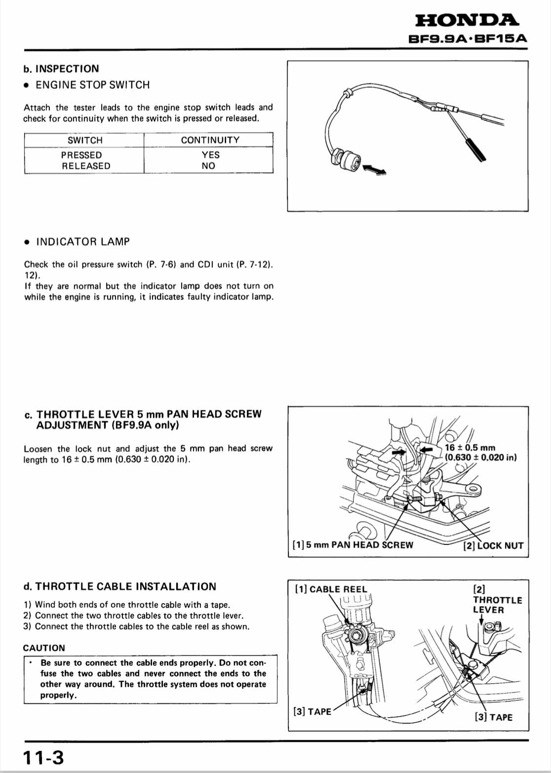 A black-and-white Honda service manual page for BF9.9A and BF15A engines, showing inspection and installation diagrams with labeled parts and tables for engine stop switch and indicator lamp.