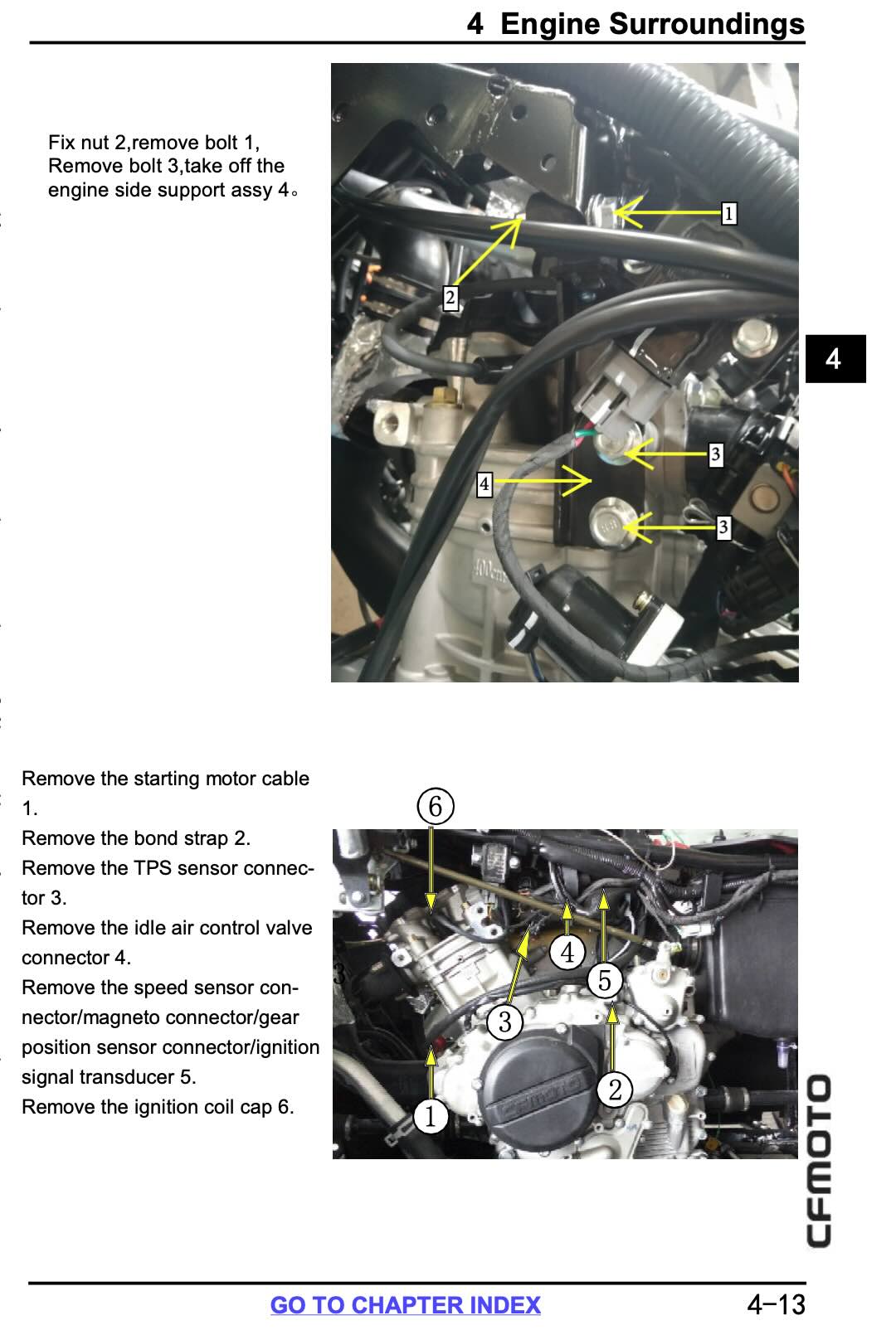 CFMOTO CFORCE service manual page 4-13 with engine side support and sensor connector removal photos