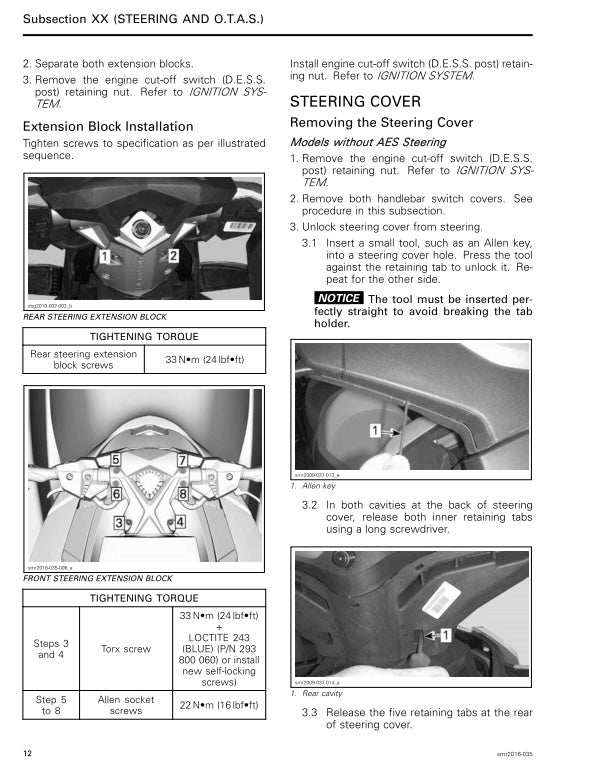 Technical manual page for installing and removing a steering cover with step-by-step instructions and diagrams.