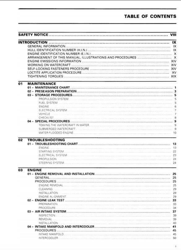 Table of contents for a technical manual with black text on a white background