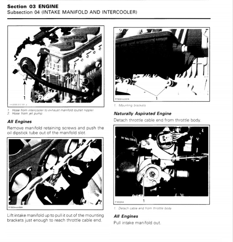 Technical diagram of engine intake manifold and intercooler removal process.