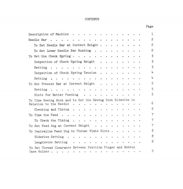 Table of contents for a sewing machine manual on a white background