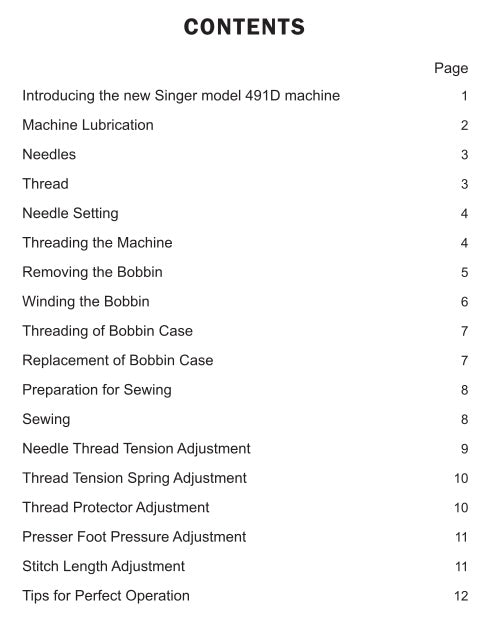 Table of contents for a sewing machine manual on a white background