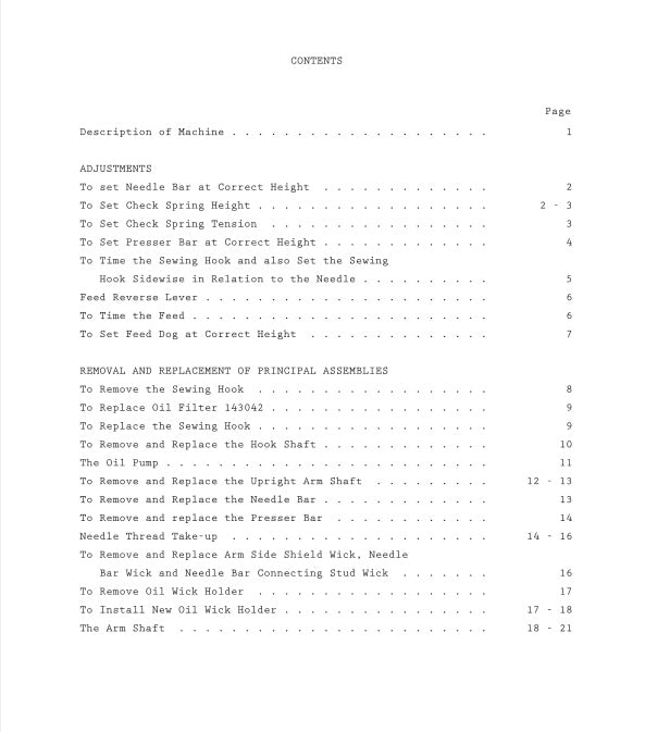 Table of contents for a sewing machine manual on a white background