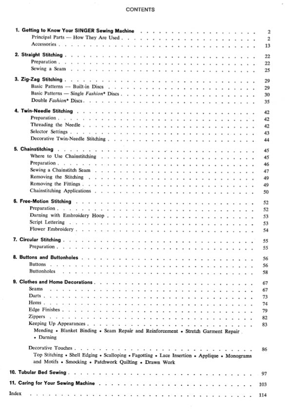 Table of contents for a Singer sewing machine manual on a white background