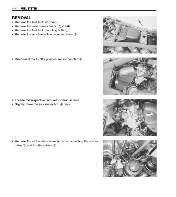 Technical manual page with instructions on fuel system removal for a vehicle, featuring step-by-step diagrams.