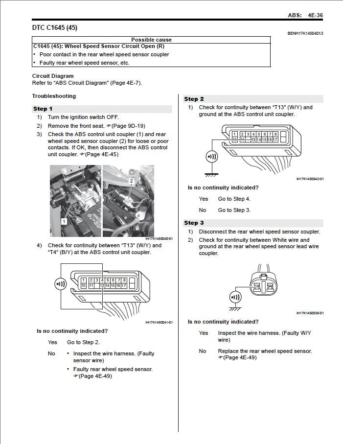 Technical diagram and instructions for diagnosing a wheel speed sensor issue in a vehicle, with text and illustrations on a white background.