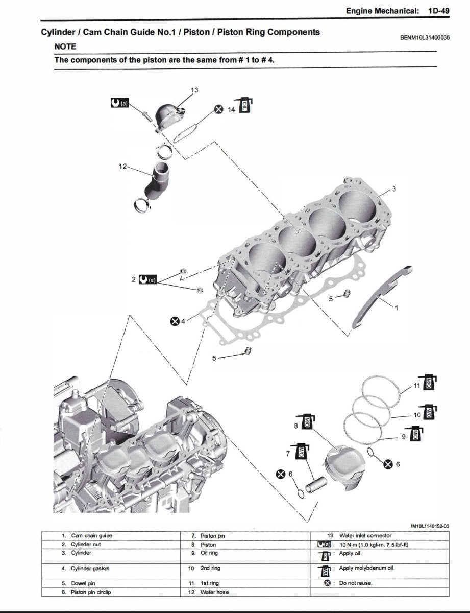 Technical diagram of piston and piston ring components with labeled parts on a white background.