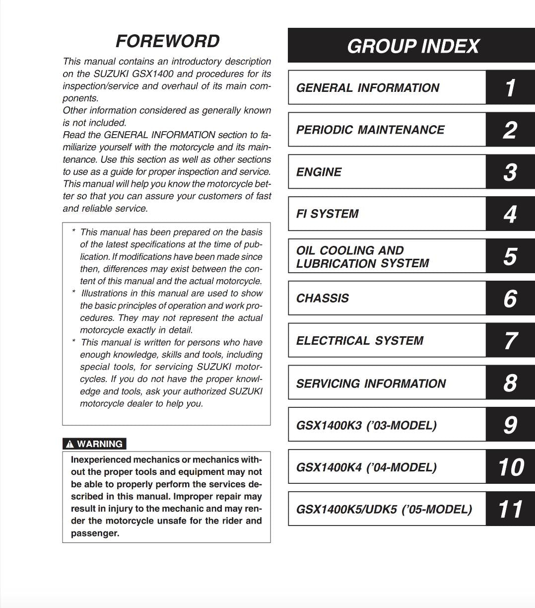 Table of contents for a Suzuki GSX1400 motorcycle manual with index and foreword sections.