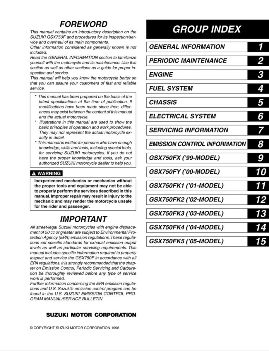Table of contents for a Suzuki motorcycle manual with index and section headings.