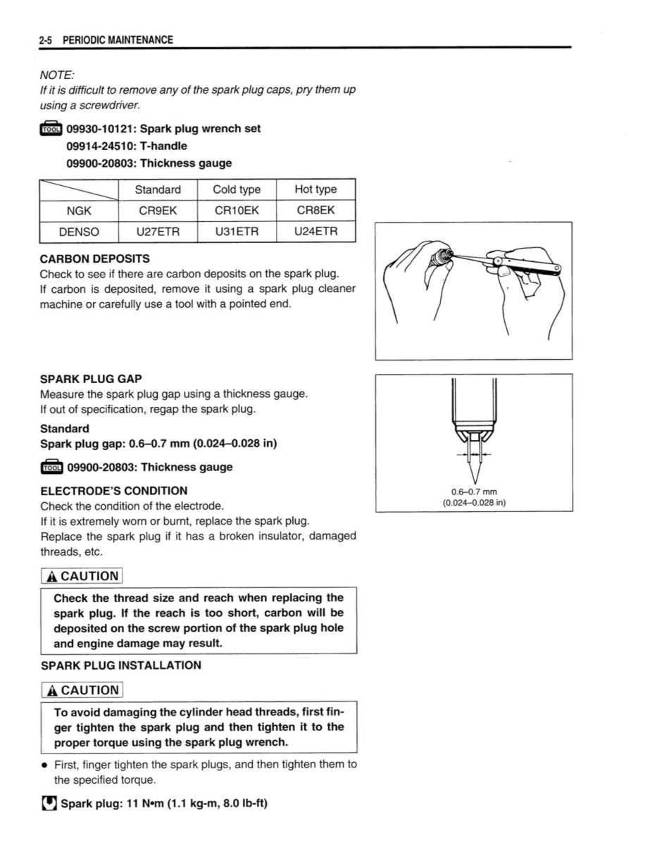 Technical manual page on spark plug maintenance with text and diagrams.
