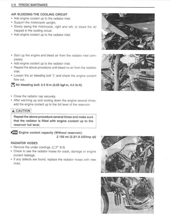 Technical manual page with instructions on air bleeding the cooling circuit of a motorcycle, featuring text and images.