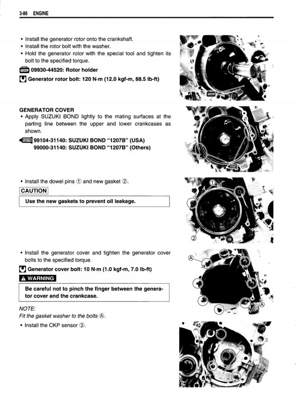 Technical manual page with instructions on installing a generator rotor and cover, featuring illustrations of mechanical parts.