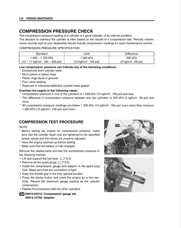 Technical document on compression pressure check for a vehicle engine, with text and an image of an engine.