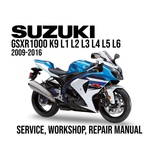 Suzuki GSXR1000 K9 L1 L2 L3 L4 L5 L6 motorcycle on a white background with text about service, workshop, and repair manual.