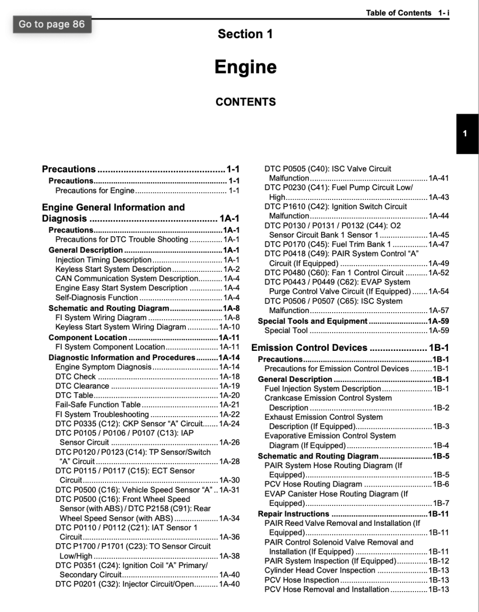 Table of contents for an automotive repair manual section on engines.