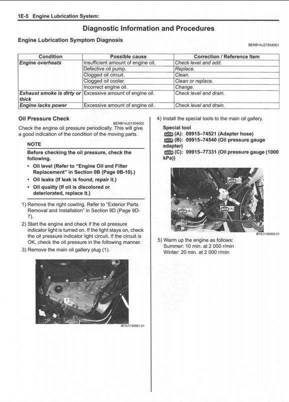 Technical manual page on engine lubrication system diagnosis with text and images.
