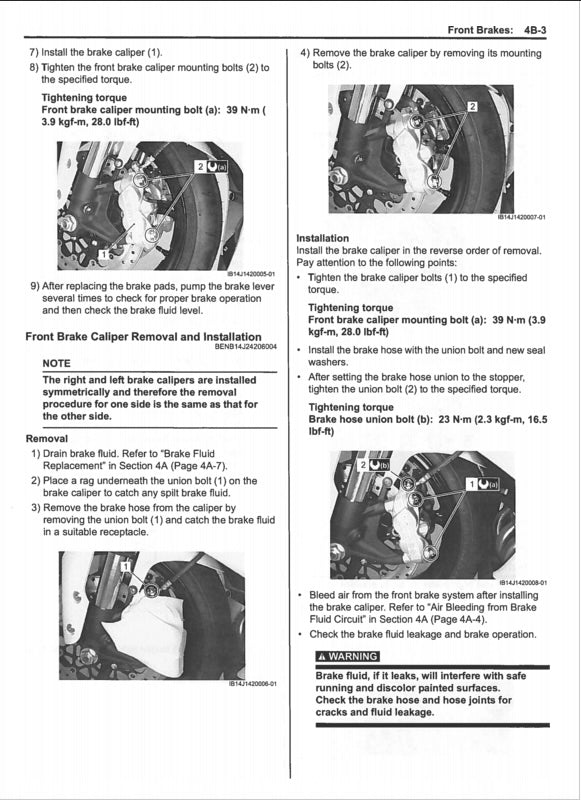 Technical manual page with instructions on front brake caliper removal and installation.