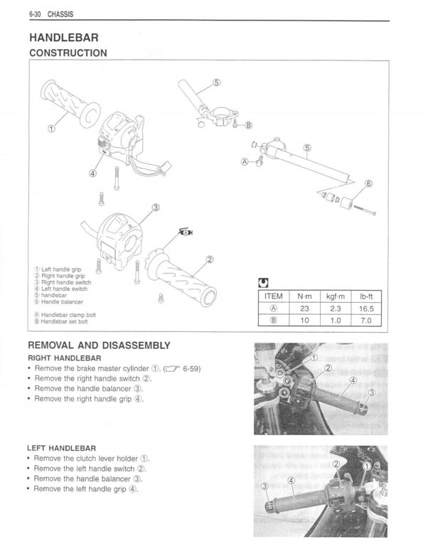 Technical diagram of handlebar construction and removal for a vehicle, with labeled parts and assembly instructions.