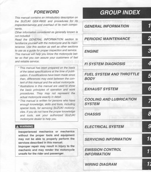 Table of contents for a Suzuki motorcycle service manual with index and introductory text.