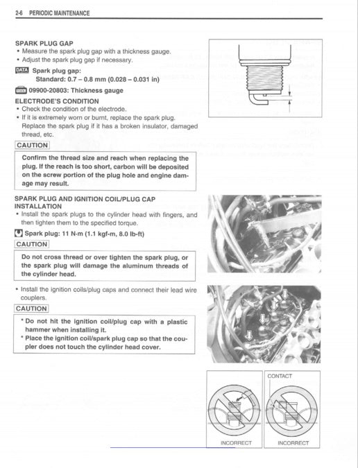 Technical manual page on spark plug maintenance with text and illustrations.