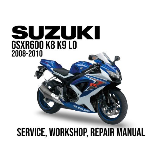 Suzuki GSXR600 K8 K9 LO service, workshop, repair manual cover with a blue and white motorcycle.
