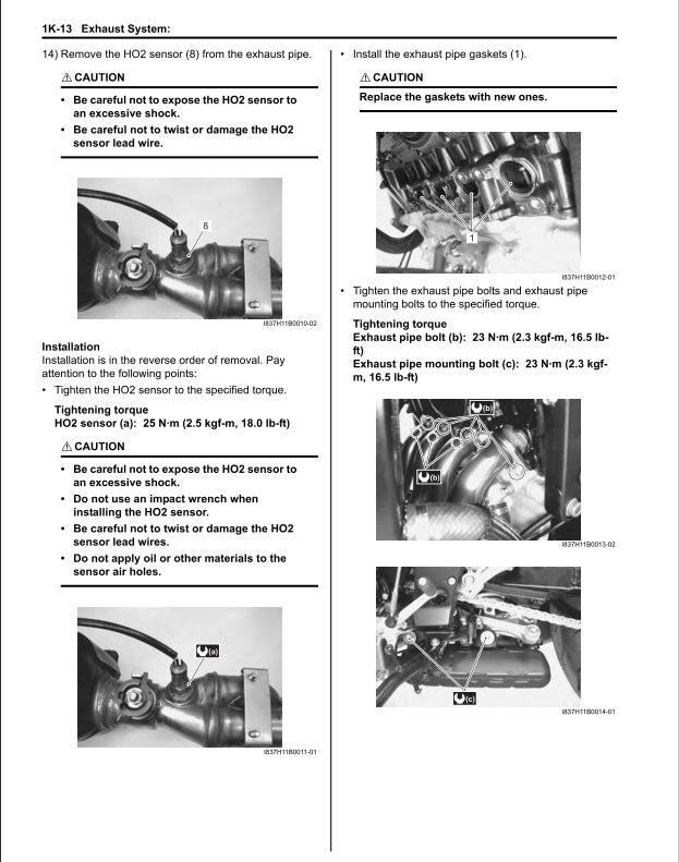 Technical manual page with instructions on installing an exhaust system, featuring text and diagrams.