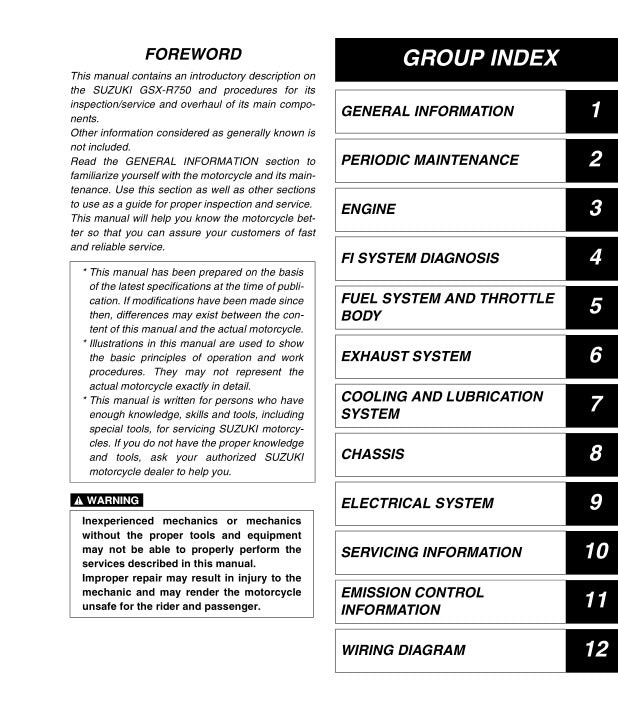 Table of contents for a Suzuki motorcycle service manual with index and introductory text.