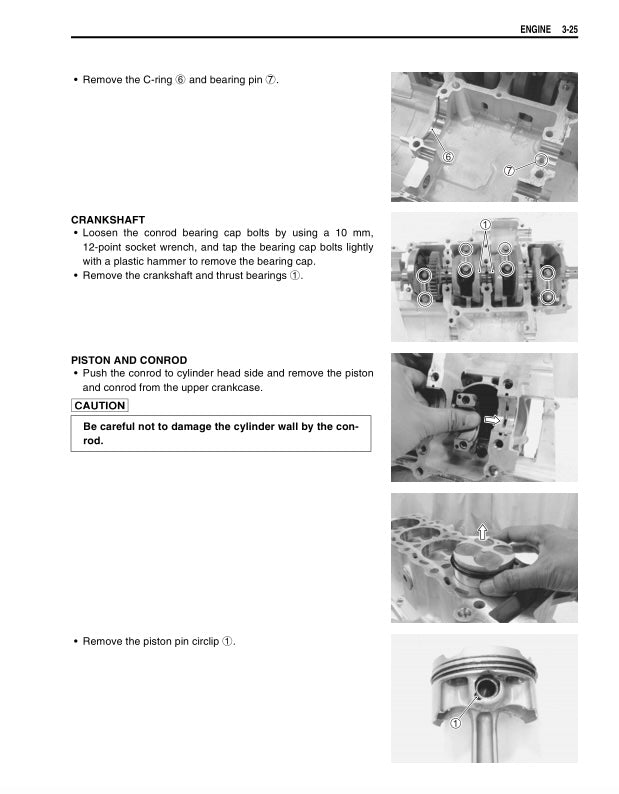 Technical diagram and instructions for removing components from a crankshaft and piston in a mechanical context.