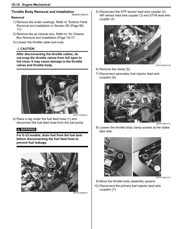 Technical manual page with instructions on throttle body removal and installation.