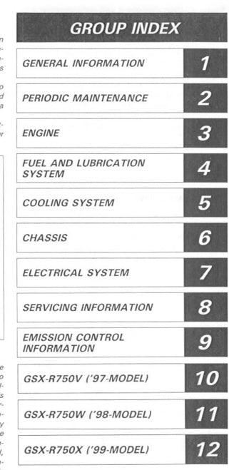 Group index table for vehicle servicing information with numbered categories.