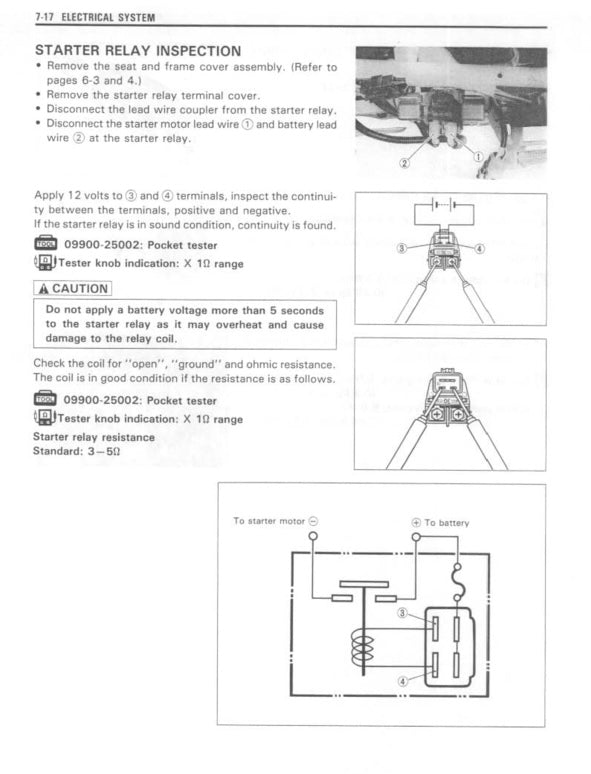 Technical manual page with starter relay inspection instructions and diagrams.