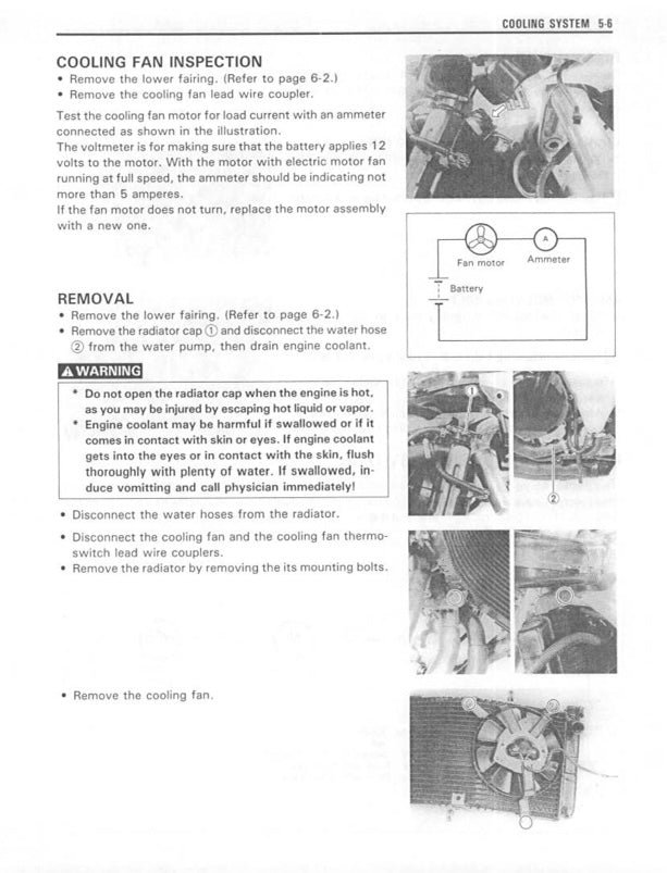 Technical manual page on cooling fan inspection and removal with illustrations and text.