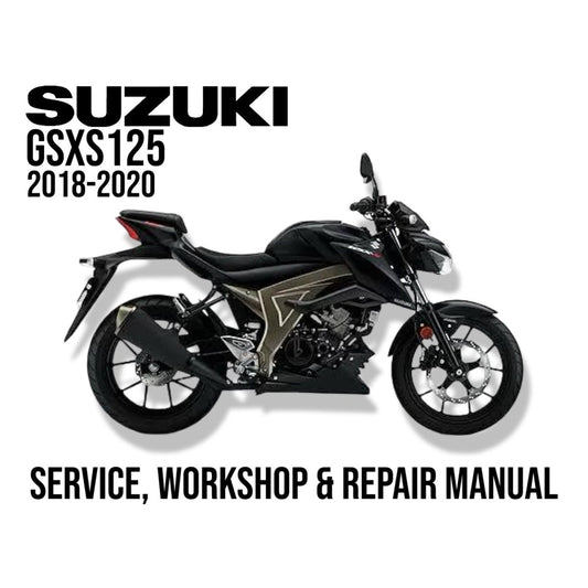Suzuki GSXS125 motorcycle on a white background with text about service, workshop, and repair manual.