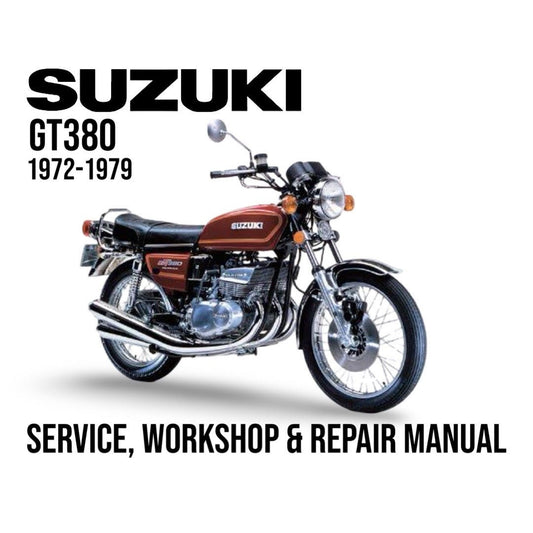 Suzuki GT380 motorcycle on a white background with text about service, workshop, and repair manual.