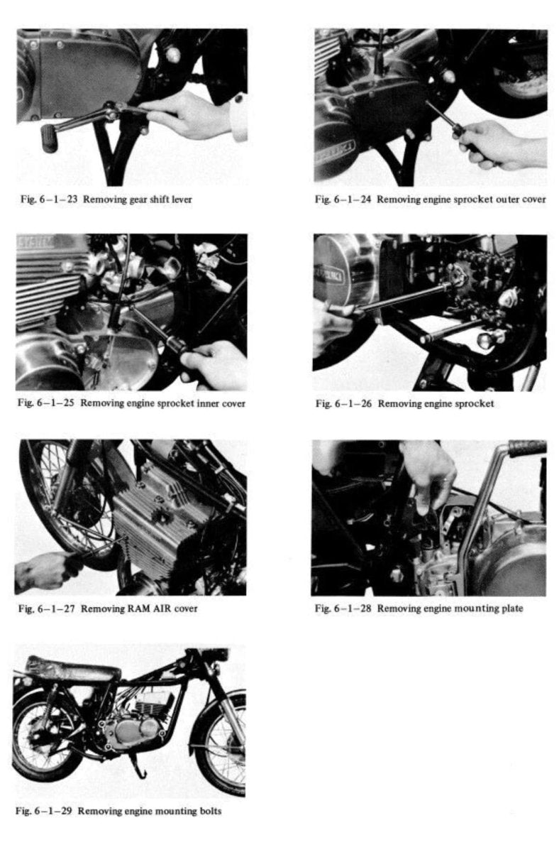 Step-by-step instructions on removing parts of a motorcycle, shown in a grid format.