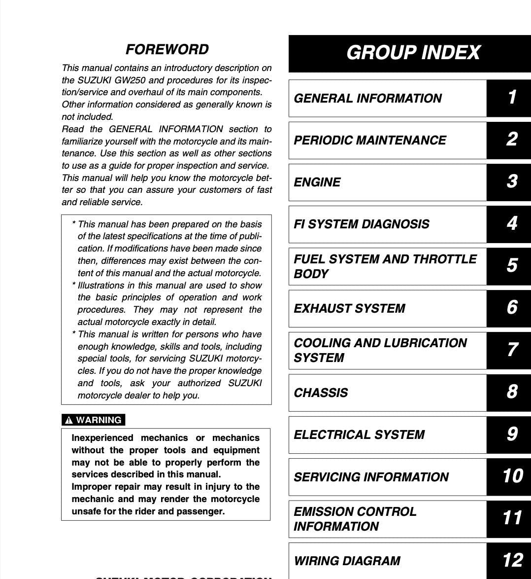 Table of contents for a motorcycle service manual with index and foreword sections.