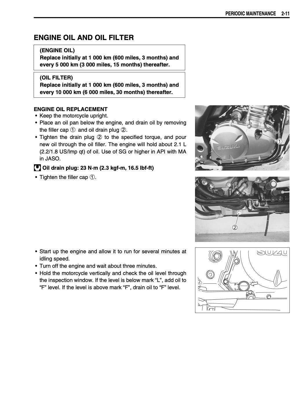 Motorcycle maintenance manual page with text and images on engine oil and filter replacement.