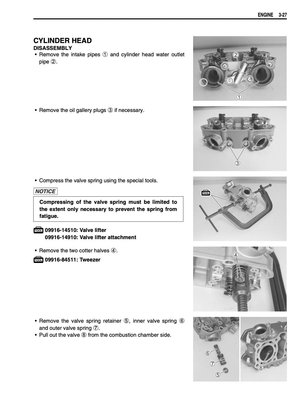 Technical diagram and instructions for disassembling a cylinder head with text and images.