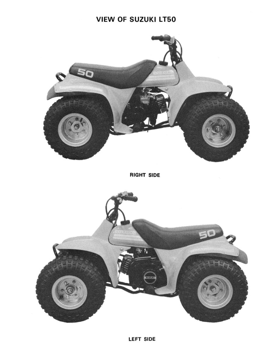 Black and white diagram of a Suzuki LT50 ATV from different angles on a white background.