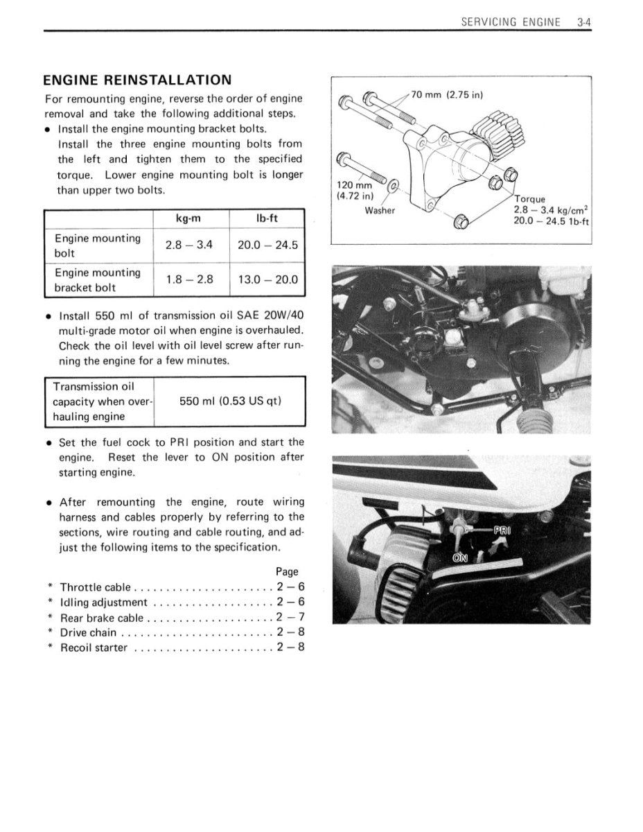 Technical manual page on engine reinstallation with text and diagrams.
